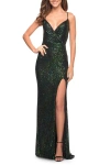 La Femme Long Sequin Gown With Wrap Style Top And Slit In Emerald