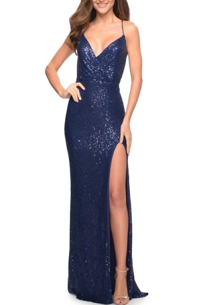 La Femme Long Sequin Gown With Wrap Style Top And Slit In Indigo