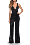 La Femme Long Sequin Jumpsuit With Criss Cross Back