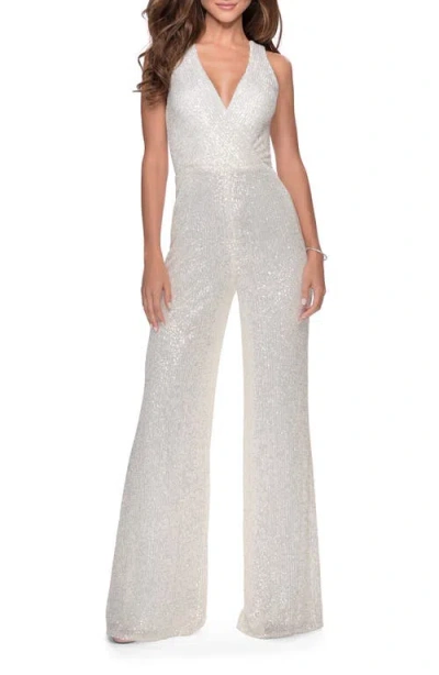 La Femme Long Sequin Jumpsuit With Criss Cross Back In White