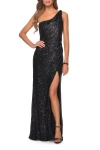 La Femme Long Sequin One Shoulder Ruched Prom Dress In Black