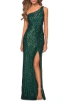 La Femme Long Sequin One Shoulder Ruched Prom Dress In Emerald