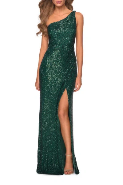 La Femme Long Sequin One Shoulder Ruched Prom Dress In Emerald