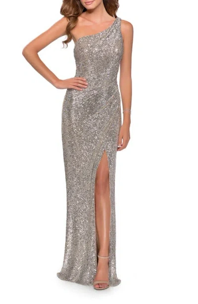 La Femme Long Sequin One Shoulder Ruched Prom Dress In Silver