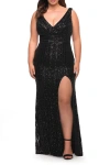 La Femme Long Sequin Plus Size Dress With Banded Waist