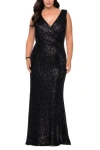 La Femme Long Sequin Plus Size Gown With V-neck In Black