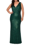 La Femme Long Sequin Plus Size Gown With V-neck In Dark Emerald