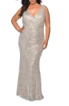 La Femme Long Sequin Plus Size Gown With V-neck In Silver