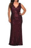 La Femme Long Sequin Plus Size Gown With V-neck In Wine