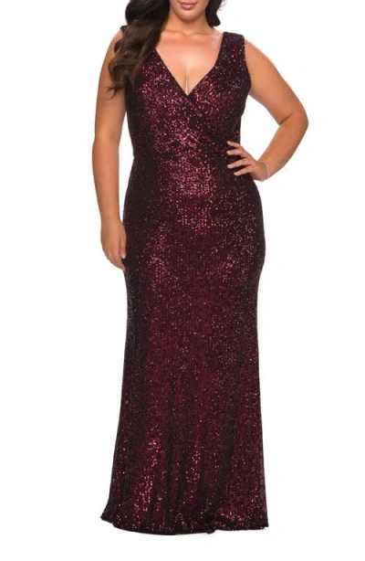 La Femme Long Sequin Plus Size Gown With V-neck In Wine