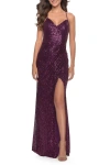 La Femme Long Sequin Prom Dress With Open Lace Up Back In Dark Berry