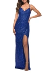 La Femme Long Sequin Prom Dress With Open Lace Up Back In Royal Blue