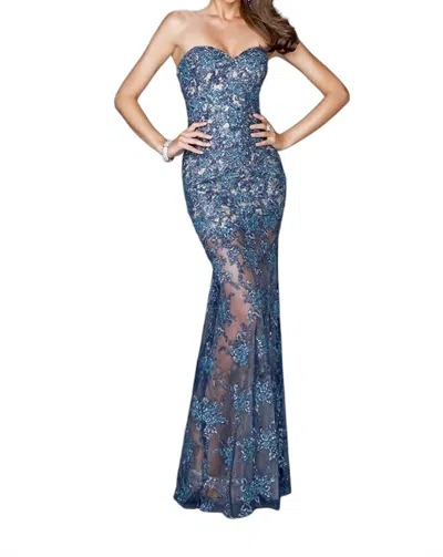 La Femme Long Sheath Dress In Teal In Blue