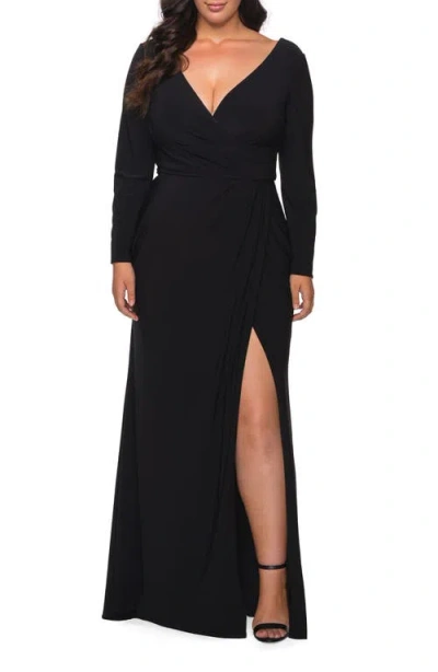 La Femme Long Sleeve Curvy Prom Dress With Ruching