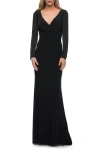 La Femme Long Sleeve Jersey Evening Dress With Ruching In Black