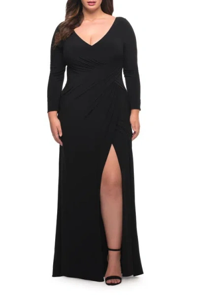 La Femme Long Sleeve Jersey Plus Dress With Slit