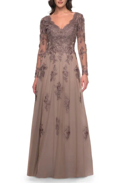 La Femme Long Sleeve Lace And Tulle Dress With V Neckline In Cocoa