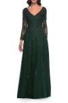 La Femme Long Sleeve Lace And Tulle Dress With V Neckline In Emerald