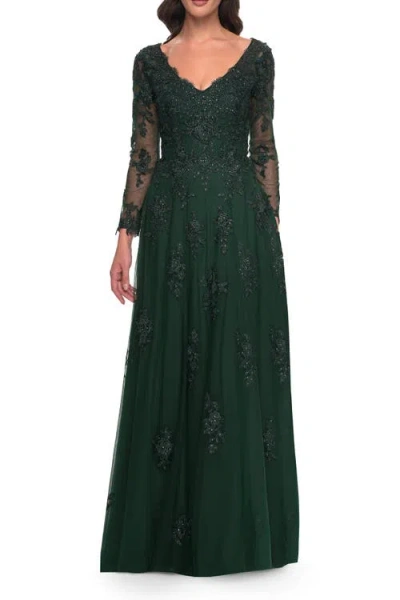 La Femme Long Sleeve Lace And Tulle Dress With V Neckline In Emerald