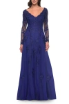 La Femme Long Sleeve Lace And Tulle Dress With V Neckline In Marine Blue