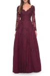 La Femme Long Sleeve Lace And Tulle Dress With V Neckline In Wine