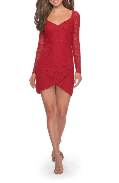 La Femme Long Sleeve Lace Short Dress With Sheer Back Detail In Red