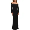 La Femme Long Sleeve Off The Shoulder Jersey Evening Gown In Black
