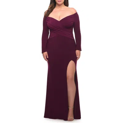 La Femme Long Sleeve Off The Shoulder Plus Size Gown In Purple