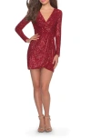 La Femme Long Sleeve Sequin Dress With Faux Wrap Skirt In Red