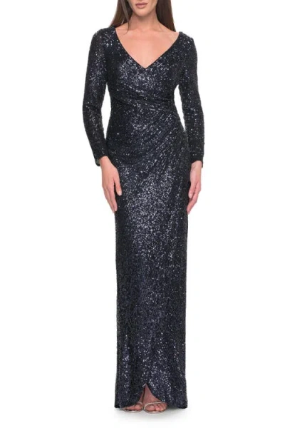 La Femme Long Sleeve Sequin Evening Dress With Ruching In Navy