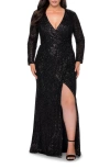 La Femme Long Sleeve Sequin Plus Size Dress With Slit In Black