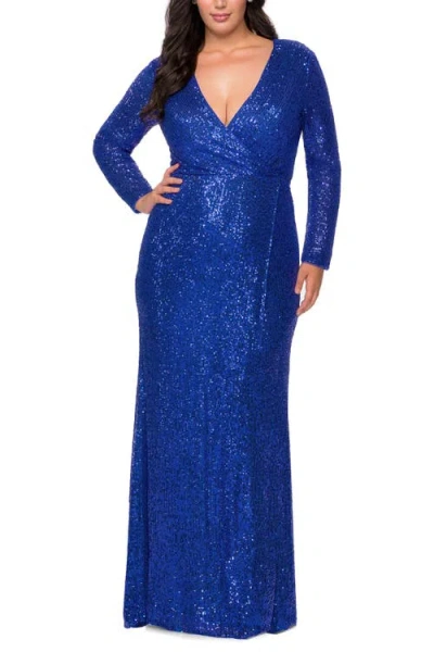 La Femme Long Sleeve Sequin Plus Size Dress With Slit In Royal Blue