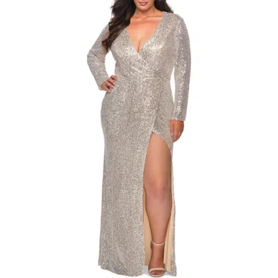 La Femme Long Sleeve Sequin Plus Size Dress With Slit In Silver