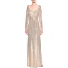 La Femme Long Sleeve Sequins Gown With Soft V-neckline