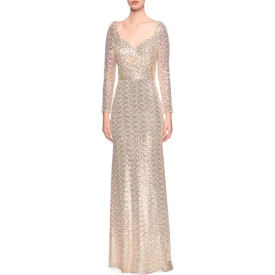 La Femme Long Sleeve Sequins Gown With Soft V-neckline