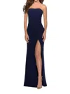 La Femme Long Strapless Jersey Dress In Navy In Blue