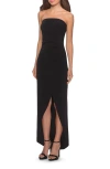 La Femme Long Strapless Jersey Dress With Side Ruching In Black
