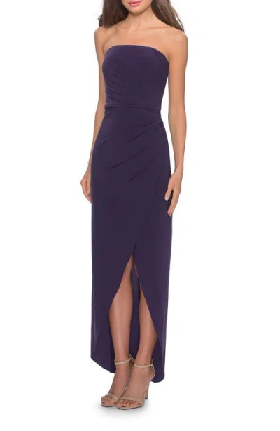 La Femme Long Strapless Jersey Dress With Side Ruching In Dark Purple