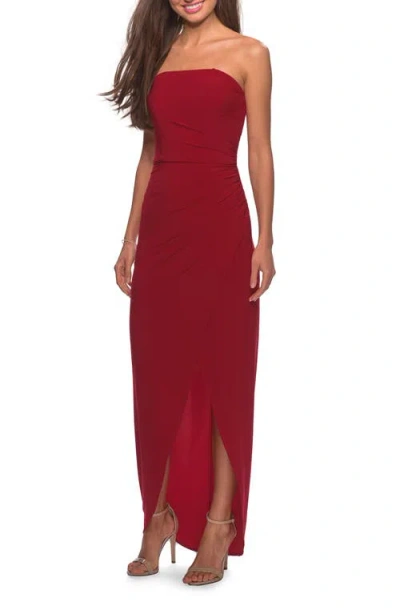 La Femme Long Strapless Jersey Dress With Side Ruching In Red