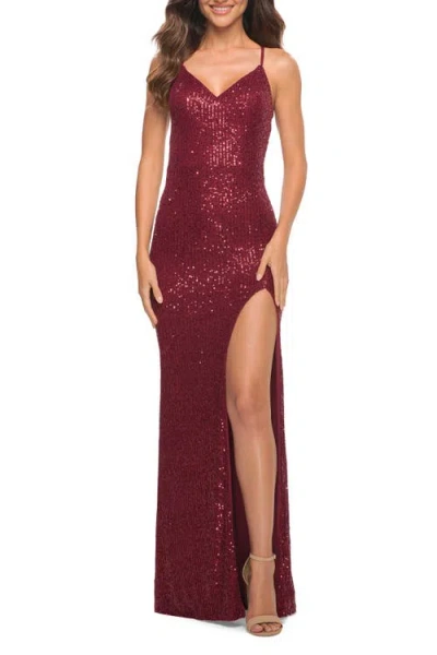 La Femme Long Stretch Sequin Dress In Wine