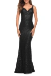 La Femme Long Stretch Sequin Gown With Low Back In Black
