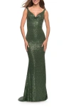 La Femme Long Stretch Sequin Gown With Low Back In Emerald