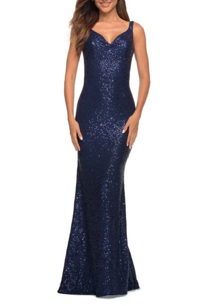 La Femme Long Stretch Sequin Gown With Low Back In Navy