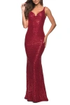 La Femme Long Stretch Sequin Gown With Low Back In Red
