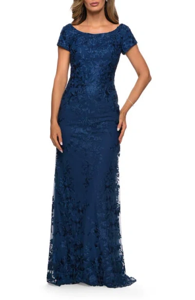 La Femme Long Three Quarter Sleeve Floral Lace Evening Gown In Navy