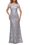 La Femme Long Three Quarter Sleeve Floral Lace Evening Gown In Silver