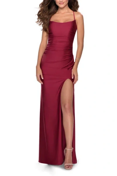 La Femme Long Tie Up Back Jersey Prom Dress With Slit In Burgundy