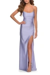 La Femme Long Tie Up Back Jersey Prom Dress With Slit In Light Periwinkle