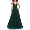 La Femme Long Tulle A-line Gown With Side Slit And Pockets In Dark Emerald