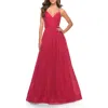 La Femme Long Tulle A-line Gown With Side Slit And Pockets In Red